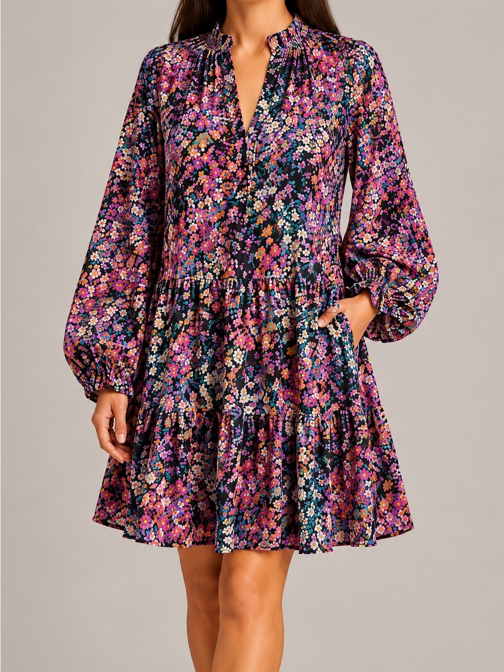 Vince Camuto Chiffon Floral Tiered Babydoll Dress Balloon Sleeves Boho Size S